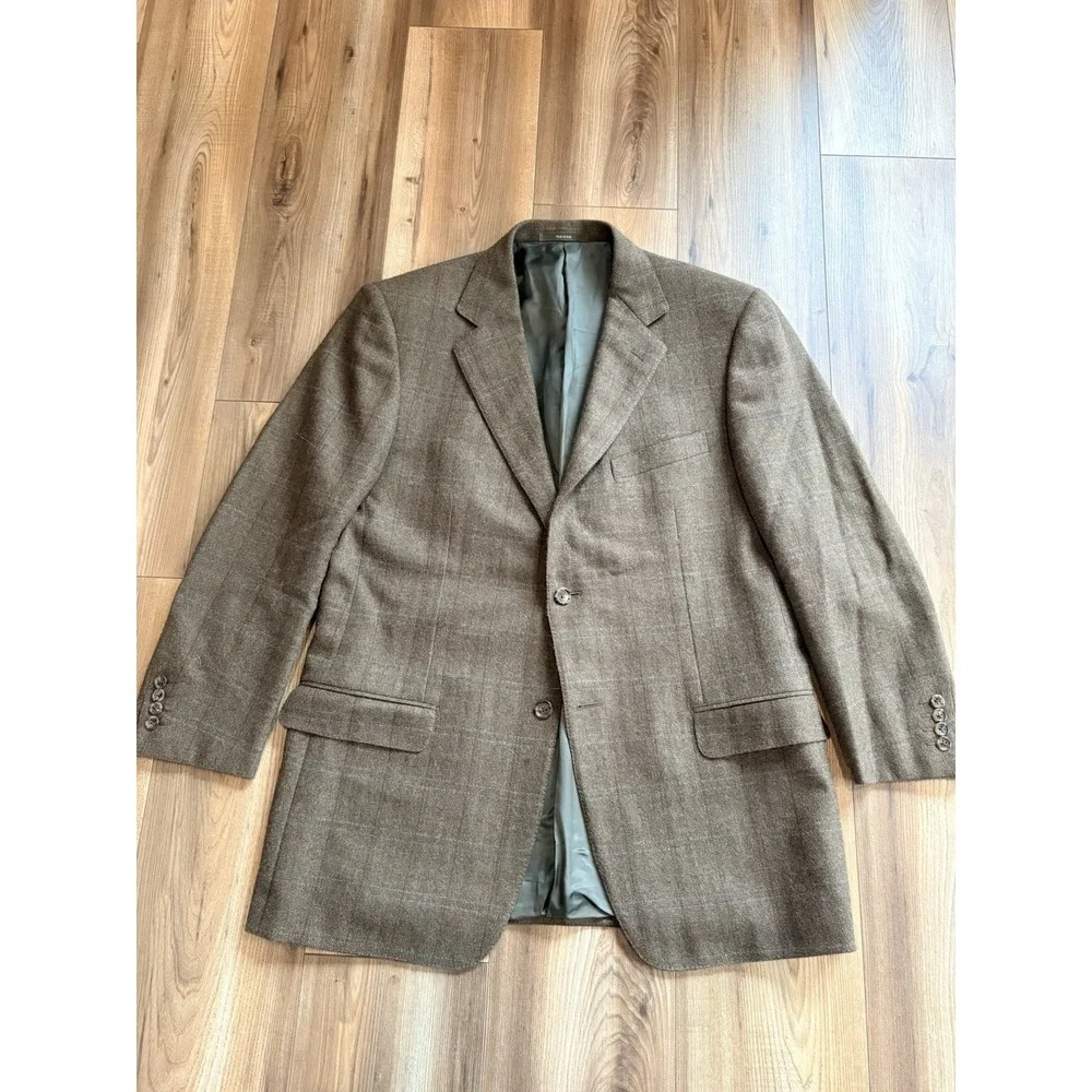 Ermenegildo Zegna Wool Cashmere Blazer Sports Coat 46R Brown Windowpane Plaid